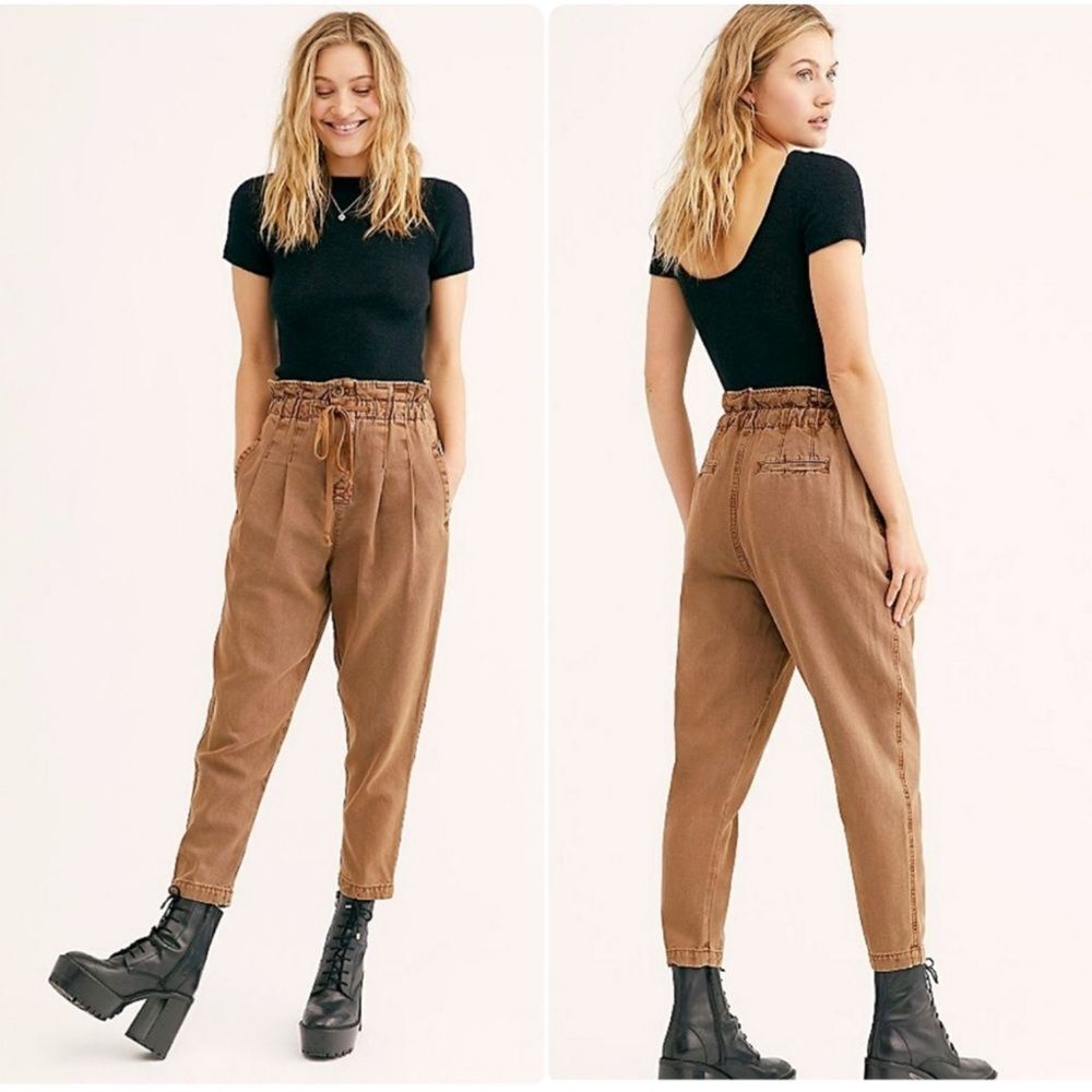 Free People High-Waist Paperbag Ankle Pants in Brown